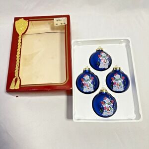 Vtg 4 Blue Glass Ball‎ Christmas Snowmen Ornaments Victoria Rauch USA